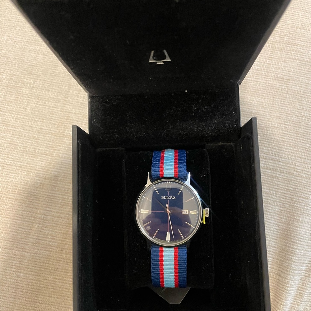 Bulova Men's Navy Watch with Red and White Striped Strap